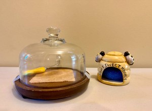 Glass Domed Cheese Tray and Ceramic Bee Hive Scrubber Holder