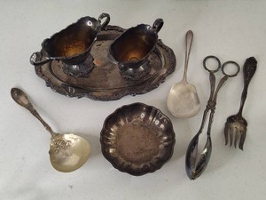 Poole Silver Co. Plated SugarCreamerTray  Assorted Plated Utensils