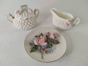 Hobnail Milk Glass Small SugarCreamer & Lefton China Flower Themed Plate