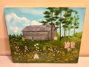 Vintage Primitive Landscape Painting Rustic Log Cabin