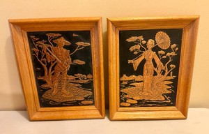 Two Asian Figure Copper Relief Wall Art