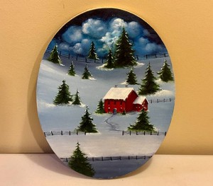 Oval Folk Art Winter Scene Painting