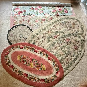 Assorted Vintage Floral Hooked Rugs and Floral Material