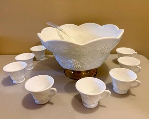 Scalloped-Rim Milk Glass Punch Bowl w 24 Punch Cups