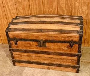 Vintage Pine Wood and Iron Domed Top Trunk