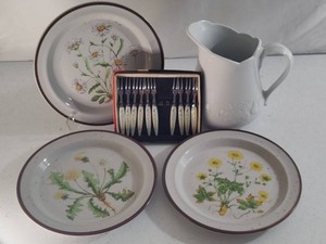 Stoneware Plates, Mini Vintage Forks & Deshoulieres Pitcher