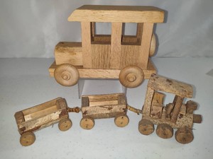 Wood Car & Small Carved Train Set