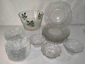 Princess House Fantasia Frosted Floral PlatesCustard Cups, Indiana Glass Christmas Bowl & Anchor Hocking Wavy Glass
