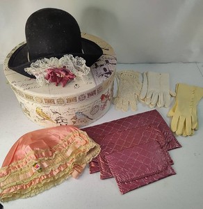 Ladies HatHatbox, Gloves, Satin Bags, etc