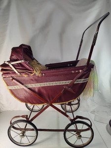 Vintage Red Baby Buggy wTwo Vintage Dolls