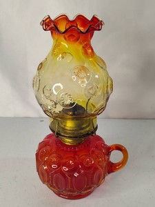 L.E. Smith Moon & Stars Amberina Hurricane Oil Lamp