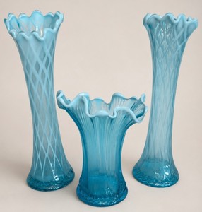 Vintage Antique Blue Opalescent Art Glass Vases DiamondThumbprint Optic Pattern Ruffled Scallop Rims Swung Vases