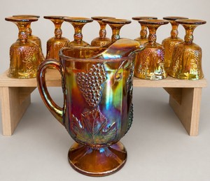 Vintage Indiana Glass Colony Harvest Marigold Carnival Glass Pitcher and Matching Goblets