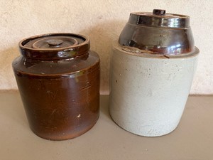 Lot of 2 Stoneware Crocks with Lids