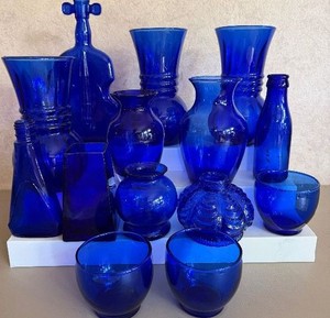 Colbat Blue Glass Lot of 14 Vases ETC