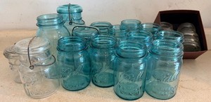 Vintage Mason Jar LOT Thirteen Blue And Two Clear With Eleven Glass Lids