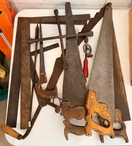 Ten-Piece LOT Vintage Hand Tool LOT Saws, Carpenter Squares, Hand Drill