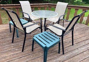 Small Patio Table, Four Chairs and Two Plastic End Tables