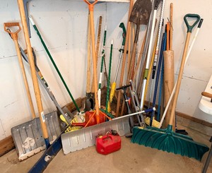 Thirty-Six-Piece LOT Shovels, Brooms, Mops and More