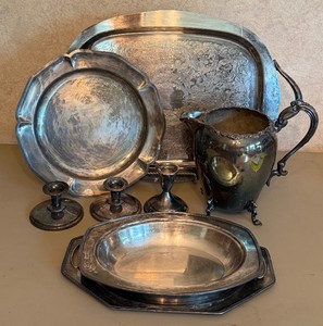 Silverplate Lot Trays, Pitcher, Candlesticks