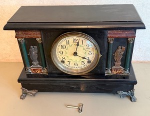 Antique Sessions Mantle Clock Ebonized Neoclassical with Ornate Feet