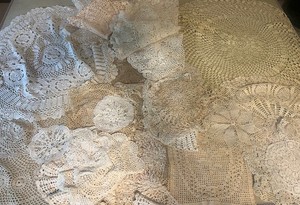 Large Lot of Crocheted and Lace Doilies, Runners, Dresser Toppers, Small Table Cloths