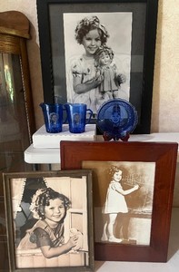 Shirley Temple Framed Photos and Blue Glassware
