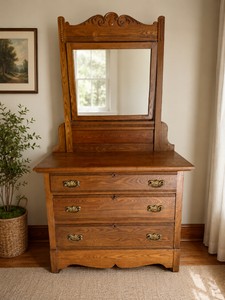 Antique Oak Dresser on Wheels with Mirror