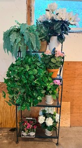 Large Faux Floral and Plants and Bakers Rack
