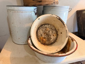 Large Wooden Cheese Box, Tins and Enamel Bowls