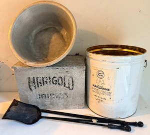 Marigold Metal Milk Box, Margaine Tin and Fireplace Tool