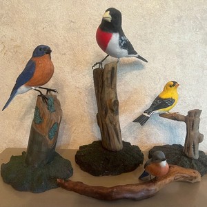 Four Wood Carved Songbirds