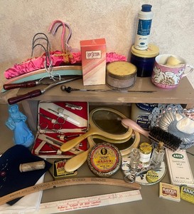 Vintage Vanity Lot Hat Pins Atomizer Shaving Mug