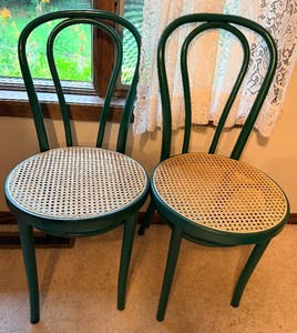 Two Green Bentwood Chairs with Cane Bottoms