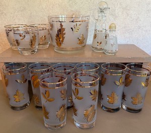 Libbey Glass Golden Foliage Divided Glass Trays Tumblers Lowball Sixteen Piece LOT