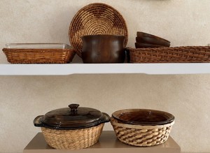 Vintage Amber Brown Pyrex and Wood and Raffia Lot