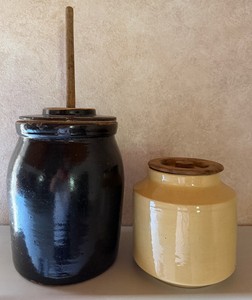 Brown Crock Butter Churn and Crock Jar with Wood Lid