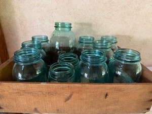 Vintage Blue Mason Jar Lot with wood Crate
