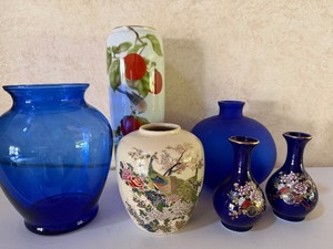 Persimmon and Swallow Japanese Vase Cobalt Blue and Asian Inspired Vase Lot