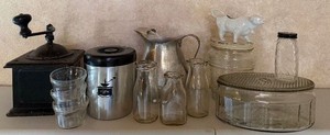 Vintage Kitchen Lot Coffee Grinder Cow Creamer Pantry Jar ETC