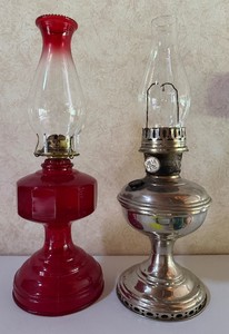 Ruby Red Pressed Glass Kerosene Lamp and Nickel Plated Kerosene Lamp