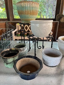 Lot of 9 Garden Pots Turquoise and Butterfly Print with Iron Stands