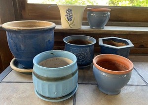 Blue Flower Garden Pots Lot of 7 Stoneware