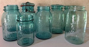Lot of Blue Mason Jars Fruit Jars