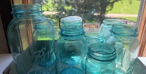 Lot of Blue Mason Jars 8 Jars