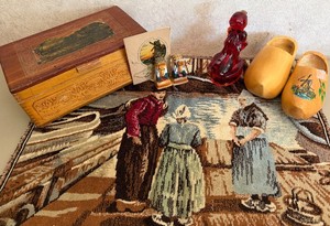 Dutch Collectibles Lot Clogs Tapestry Red Glass Figurine