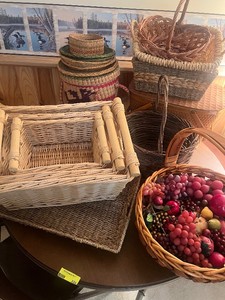 Large Lot of Wicker Baskets and Large Lot of Faux Fruit