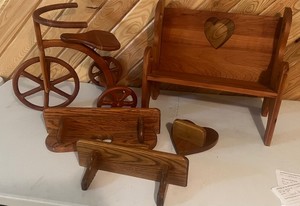 Wood Cutout Heart Lot Bench and Shelf and Tricycle