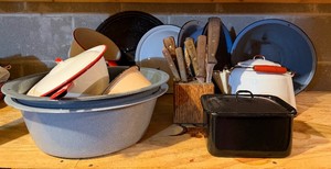 Large Lot of Vintage Enamelware Kitchen Ware and Chicago Cutlery Knife Set