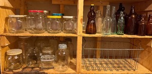 Large Lot of Vintage Jars and Bottles Canning Jars Pop Bottles Metal Basket